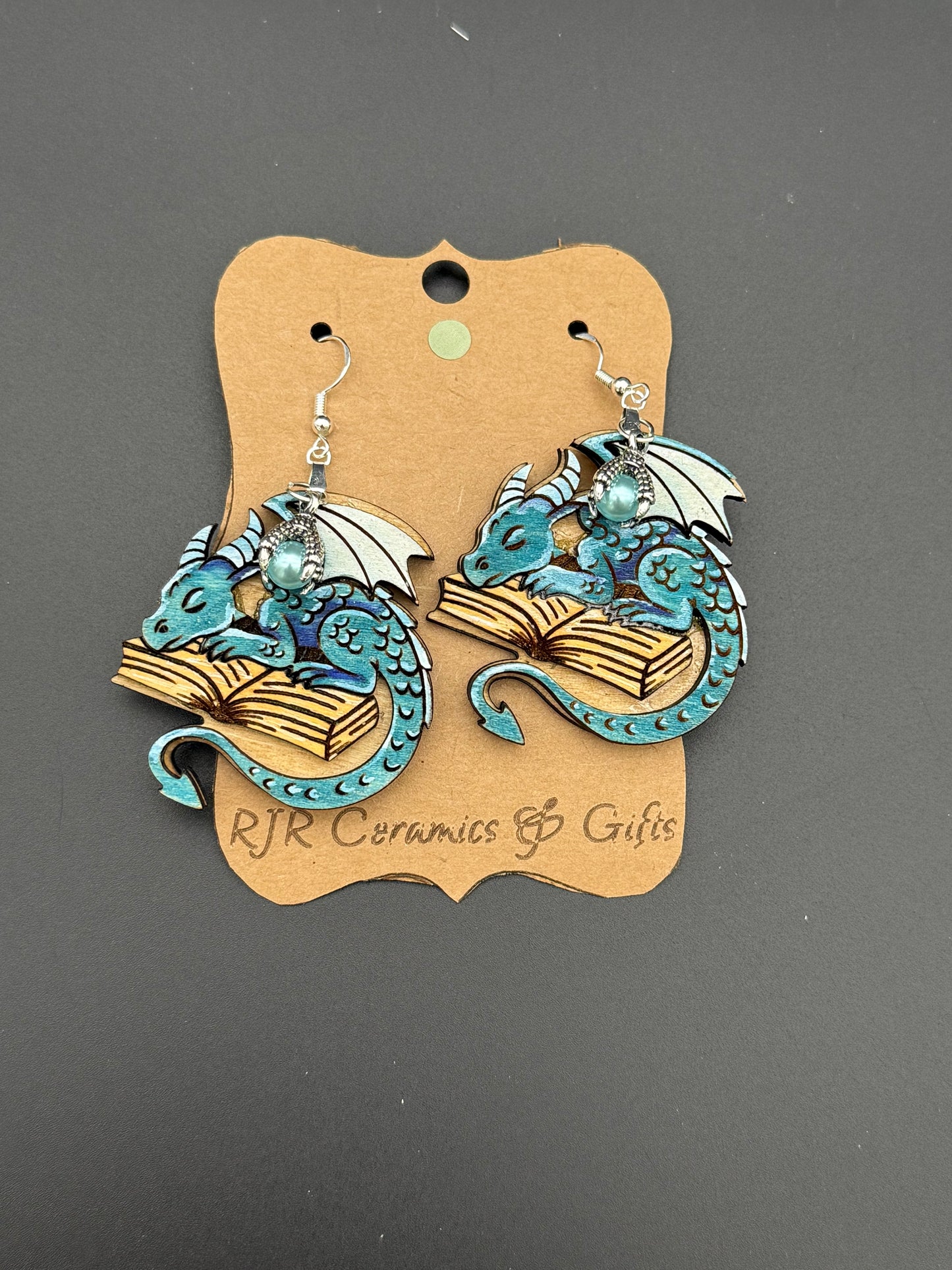 Sleeping Book Dragon Earrings w/ Claw Pearl Charm