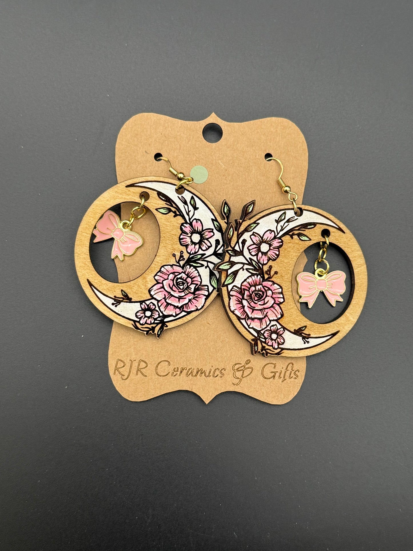 Crescent Moon and Flower Earrings w/ Bow Charm - Pink