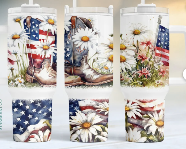 40 oz Patriotic Cowboy Boots and Flowers Tumbler