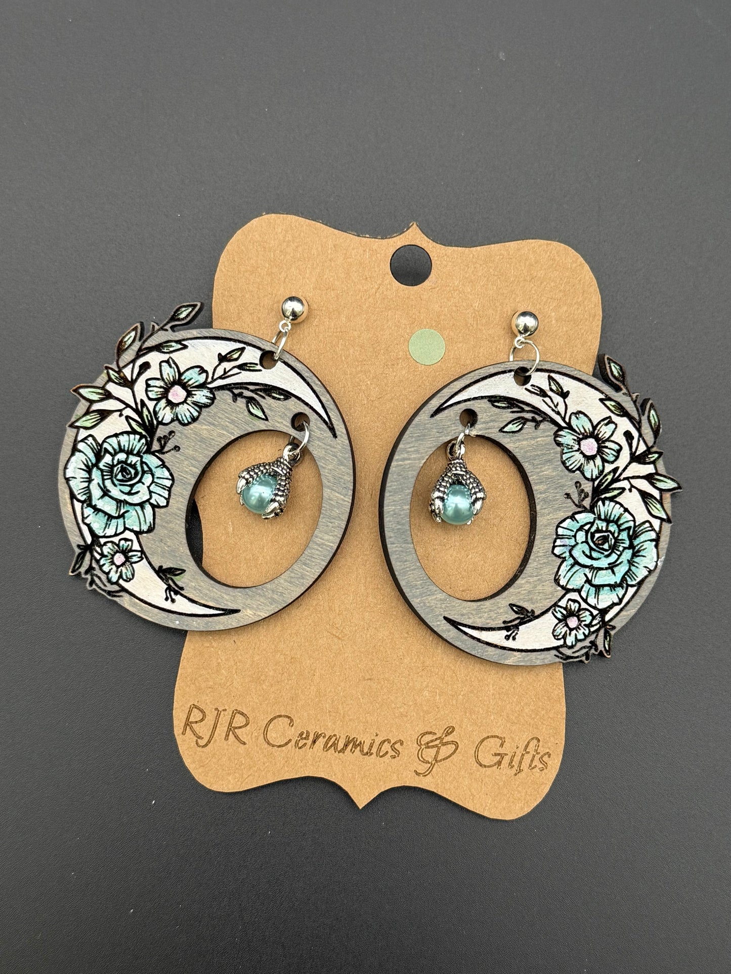 Crescent Moon and Flower Earrings w/ Dragon Claw Charm - Blue