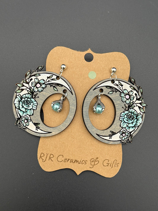 Crescent Moon and Flower Earrings w/ Dragon Claw Charm - Blue