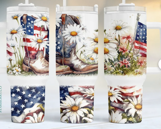 40 oz Patriotic Cowboy Boots and Flowers Tumbler