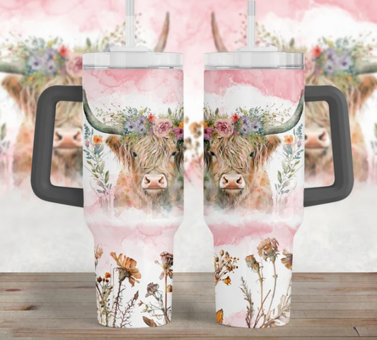 40 oz Pink Floral Highland Cow Tumbler