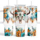 40 oz Cow Skull with Teal and Orange Flowers